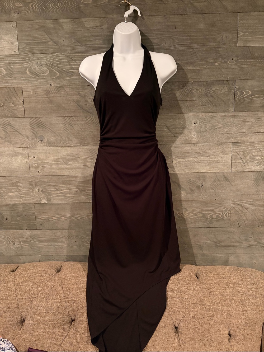 David Meister Black Halter V-Neck Asymmetric Hem Dress
